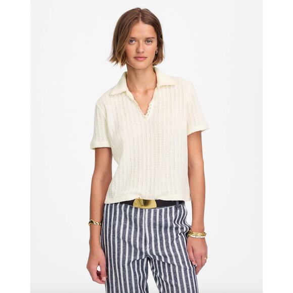 Madewell Crochet Knit V Neck Sweater Tee Polo Vintage Ivory Retro Medium NWT - Picture 1 of 13